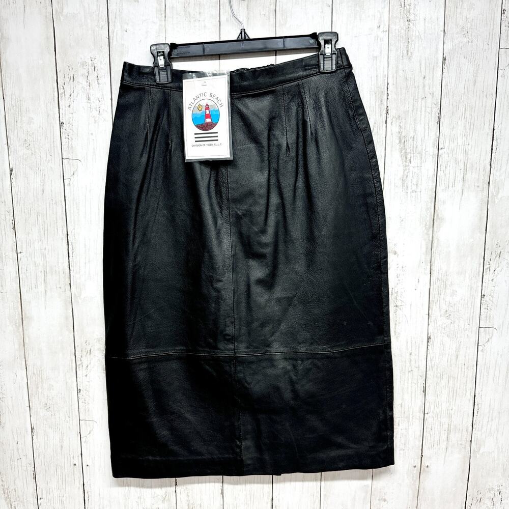 Vintage Atlantic Beach Skirt Women Medium Black Leather Midi‎ Zip/Button Closure